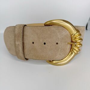 Amanda Smith Retro 80s Wide Suede Leather Belt Gold Buckle Size Medium 38” Beige